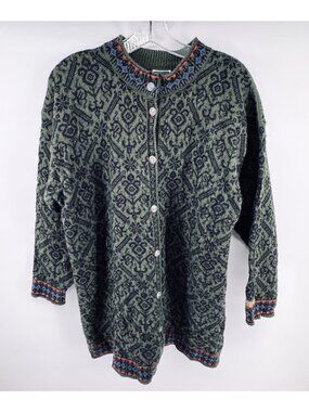 Vintage Dale of Norway  Green Patterned Wool Knit Nordic Alpine Sweater XL